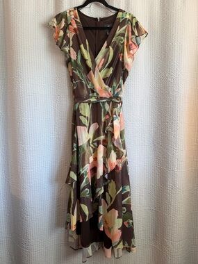 Adrianna Papell Brown Floral Wrap Maxi Dress with Pink and Green Accents